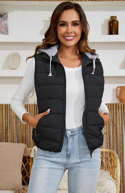 02 Black Gihuo Women's Quilted Hooded Puffer Vest, front view on model