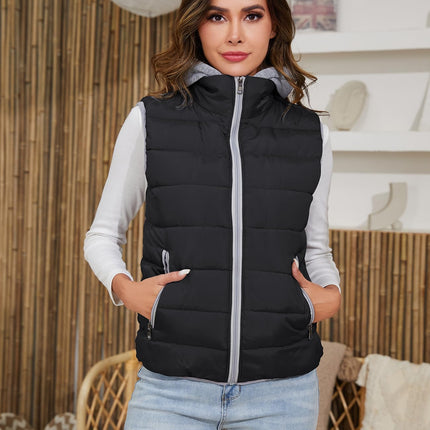 Black Gihuo Women's Quilted Hooded Puffer Vest, front view on model