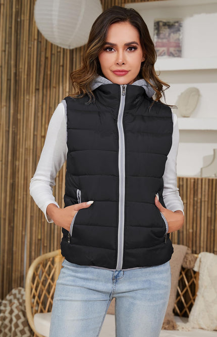 Black Gihuo Women's Quilted Hooded Puffer Vest, front view on model