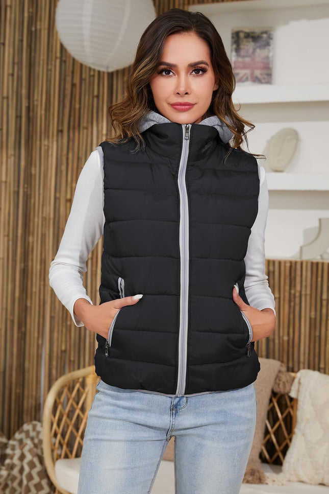 Black Gihuo Women's Quilted Hooded Puffer Vest, front view on model