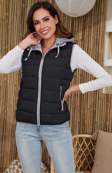 Black Gihuo Women's Quilted Hooded Puffer Vest, front view on model, image 2