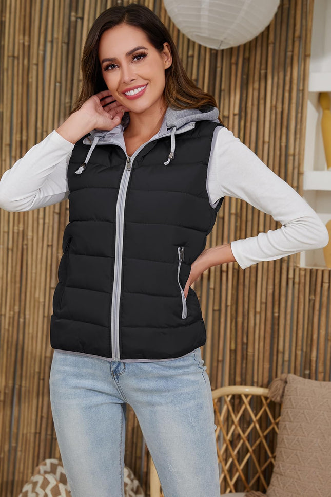 Black Gihuo Women's Quilted Hooded Puffer Vest, front view on model, image 2