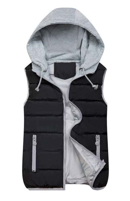 Black Gihuo Women's Quilted Hooded Puffer Vest, front view, flat lay