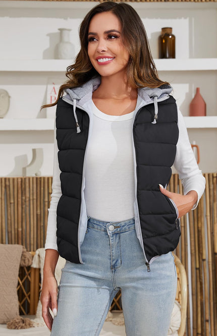 Black Gihuo Women's Quilted Hooded Puffer Vest, front view on model, image 3