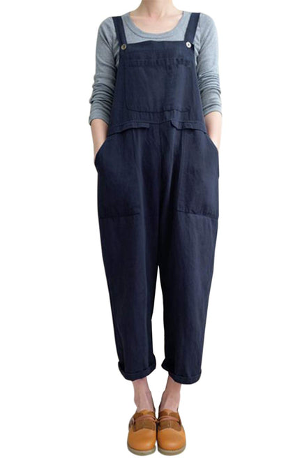 Navy Gihuo Women's Linen Overalls Jumpsuits, front view on model, image 2