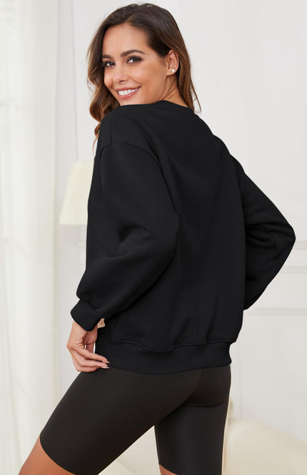 Black Gihuo Women's Sherpa Lined Pullover Sweatshirt, back view on model