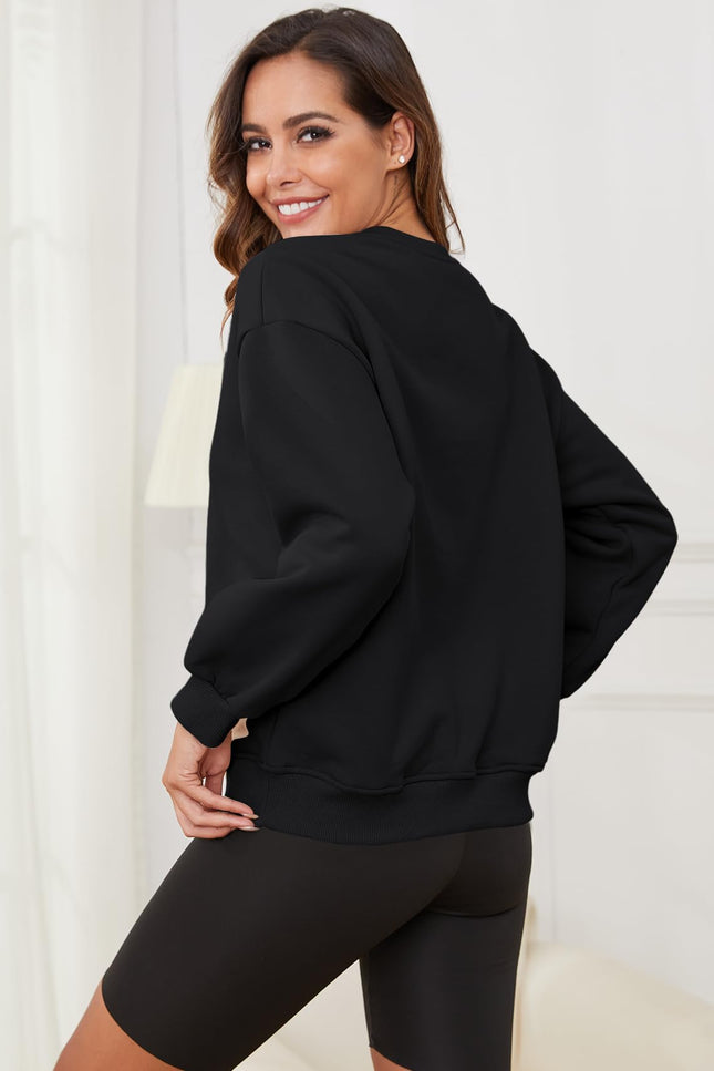 Black Gihuo Women's Sherpa Lined Pullover Sweatshirt, back view on model
