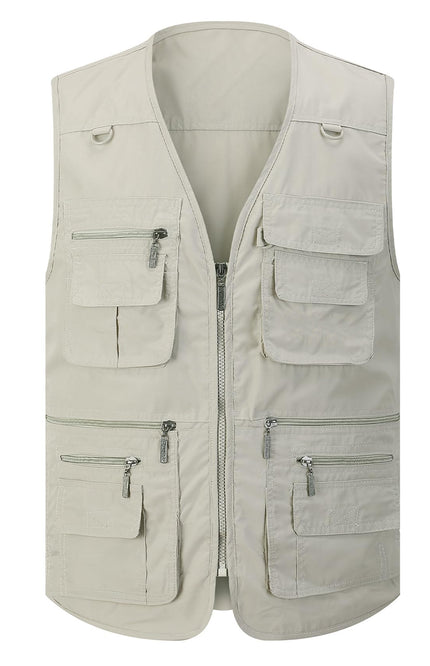 Beige Gihuo Men's Outdoor Utility Vest, front view, flat lay