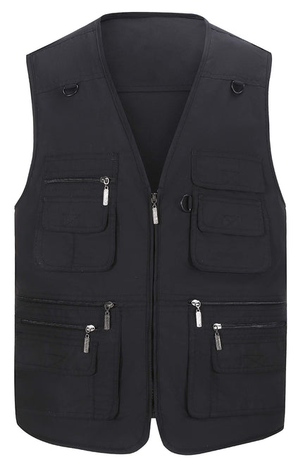 Black Gihuo Men's Outdoor Utility Vest, front view, flat lay