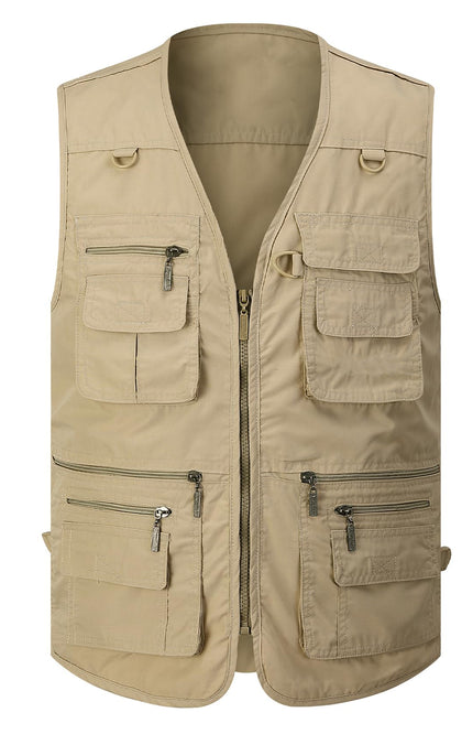 Khaki Gihuo Men's Outdoor Utility Vest, front view, flat lay