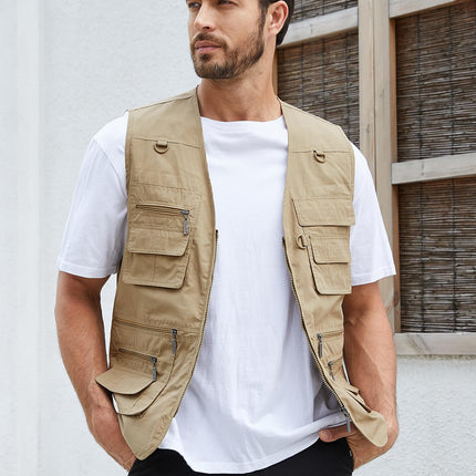 Khaki Gihuo Men's Outdoor Utility Vest, front view on model