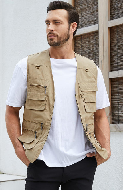 Khaki Gihuo Men's Outdoor Utility Vest, front view on model