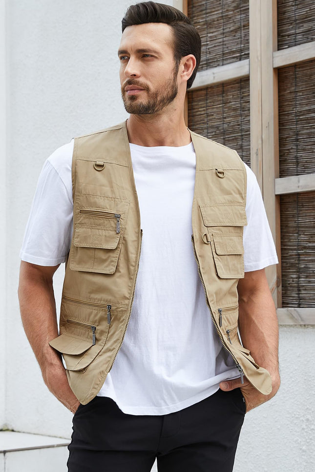 Khaki Gihuo Men's Outdoor Utility Vest, front view on model