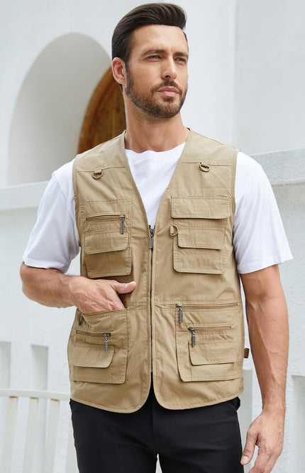 Khaki Gihuo Men's Outdoor Utility Vest, front view on model, image 2
