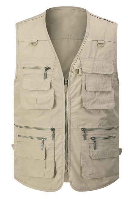 Light Khaki Gihuo Men's Outdoor Utility Vest, front view, flat lay