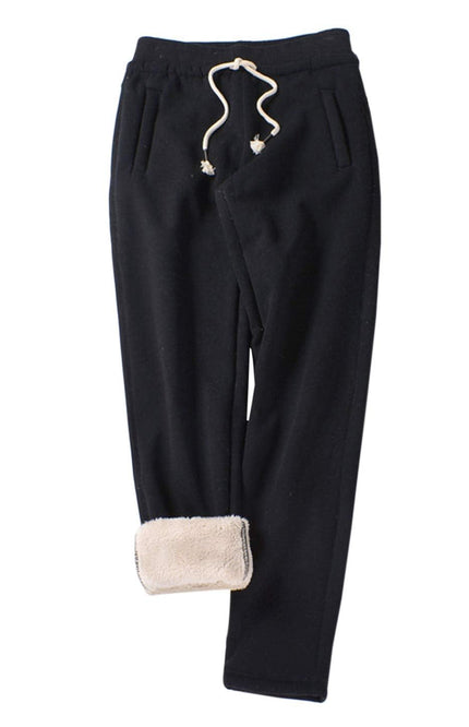Black Gihuo Women's Sherpa Lined Sweatpants, front view, flat lay