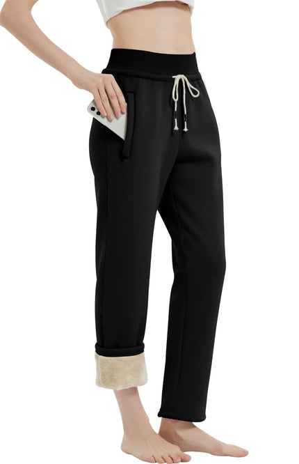 Black Gihuo Women's Sherpa Lined Sweatpants, side view on model