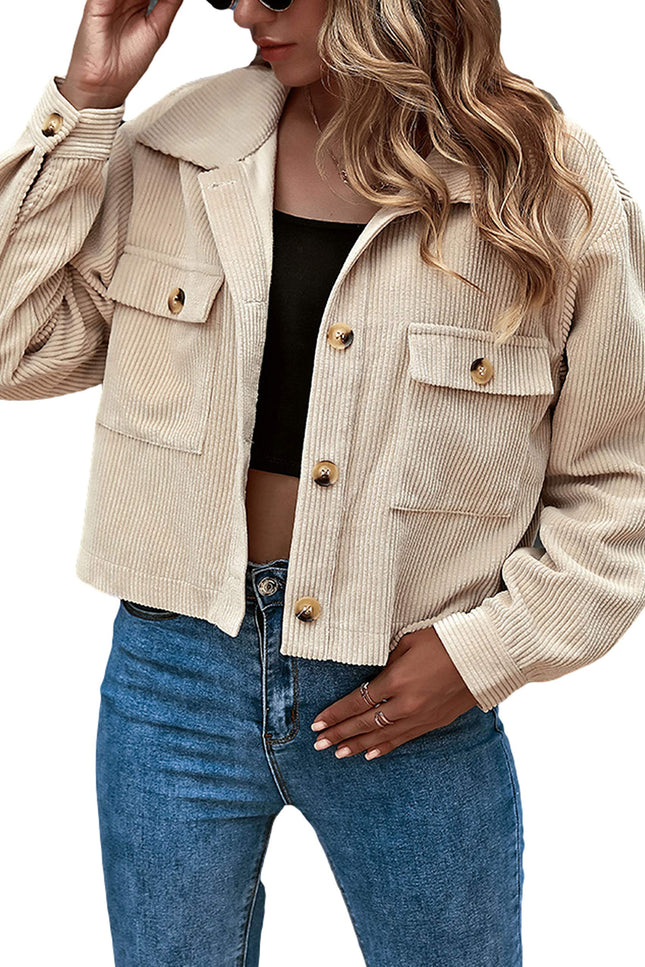 Apricot Gihuo Women's Cropped Corduroy Jacket, front view on model