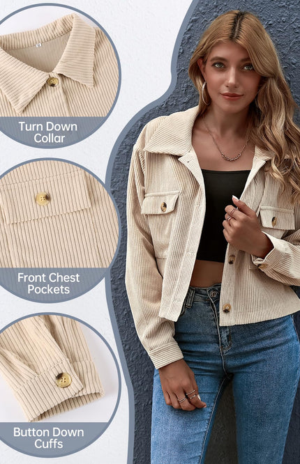 Apricot Gihuo Women's Cropped Corduroy Jacket, detail view