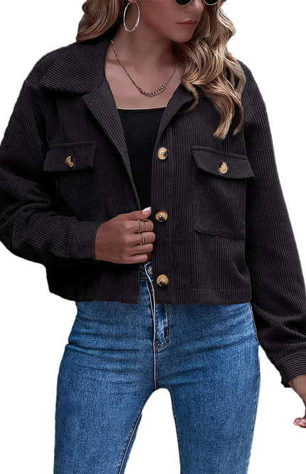 Black Gihuo Women's Cropped Corduroy Jacket, front view on model