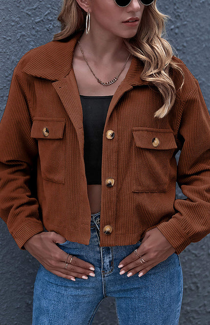 Brown Gihuo Women's Cropped Corduroy Jacket, front view on model