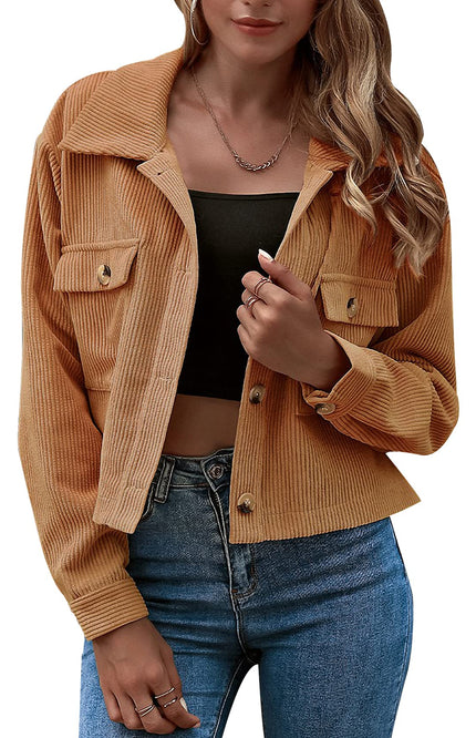 Khaki Gihuo Women's Cropped Corduroy Jacket, front view on model