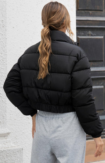 Black Gihuo Women's Cropped Quilted Puffer Jacket, back view on model