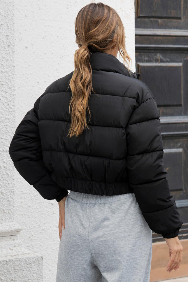 Black Gihuo Women's Cropped Quilted Puffer Jacket, back view on model