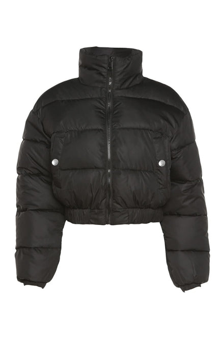 Black Gihuo Women's Cropped Quilted Puffer Jacket, front view, flat lay