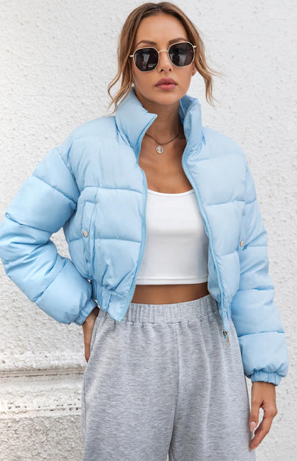 Blue Gihuo Women's Cropped Quilted Puffer Jacket, front view on model