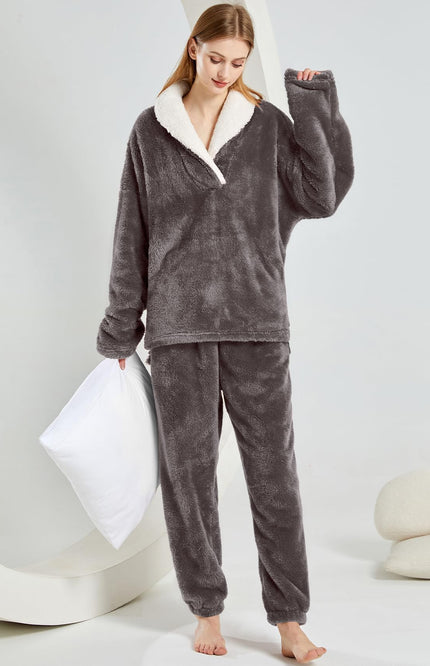 Dark Grey Gihuo Women's Fluffy Fleece Pajama Set, front view on model