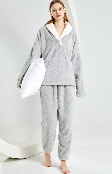 Light Grey Gihuo Women's Fluffy Fleece Pajama Set, front view on model