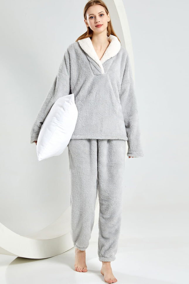 Light Grey Gihuo Women's Fluffy Fleece Pajama Set, front view on model