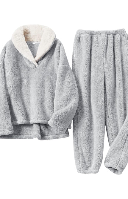 Light Grey Gihuo Women's Fluffy Fleece Pajama Set, front view, flat lay