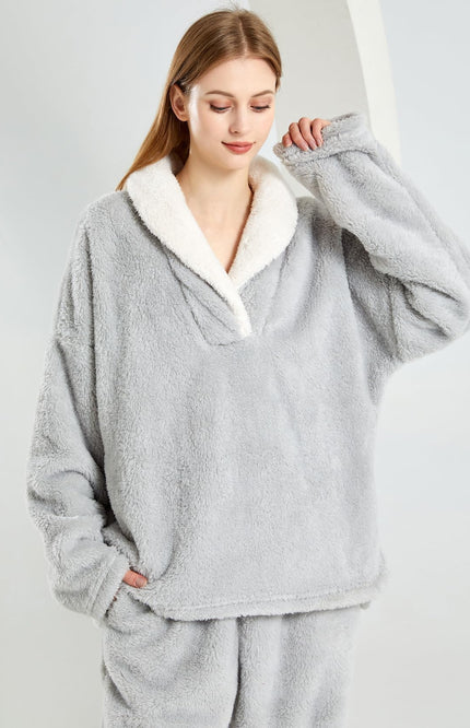 Light Grey Gihuo Women's Fluffy Fleece Pajama Set, front view on model, image 3