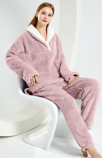 Pink Gihuo Women's Fluffy Fleece Pajama Set, front view on model