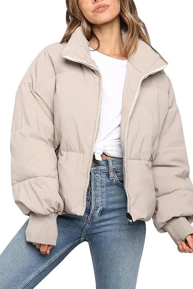 Beige Gihuo Women's Cropped Puffer Jacket, front view on model