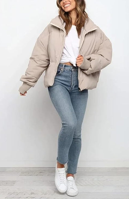 Beige Gihuo Women's Cropped Puffer Jacket, front view on model, image 2