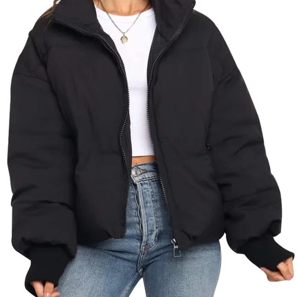 Black Gihuo Women's Cropped Puffer Jacket, front view on model