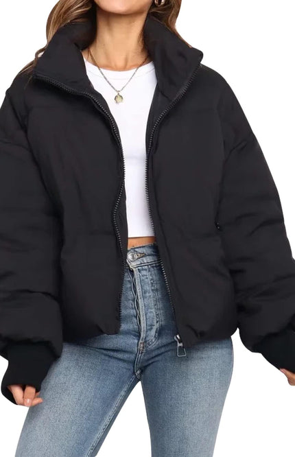 Black Gihuo Women's Cropped Puffer Jacket, front view on model