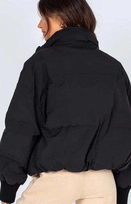 Black Gihuo Women's Cropped Puffer Jacket, back view on model