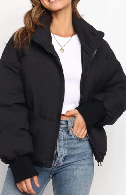 Black Gihuo Women's Cropped Puffer Jacket, front view on model, image 2