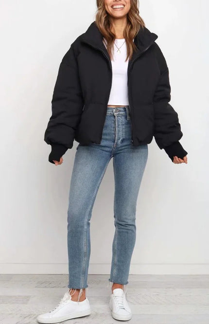 Black Gihuo Women's Cropped Puffer Jacket, front view on model, image 3