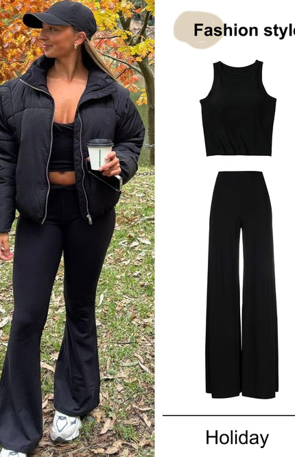 Black Gihuo Women's Cropped Puffer Jacket, front view outdoors on model