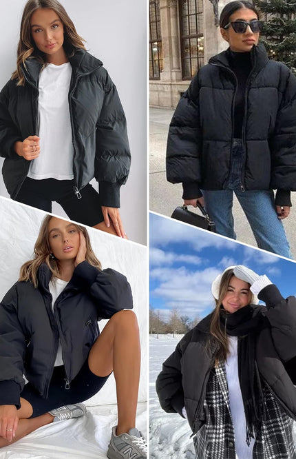 Black Gihuo Women's Cropped Puffer Jacket, worn by model in indoor studio and outdoors