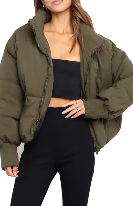 Green Gihuo Women's Cropped Puffer Jacket, front view on model