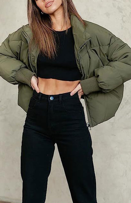 Green Gihuo Women's Cropped Puffer Jacket, front view on model, image 2