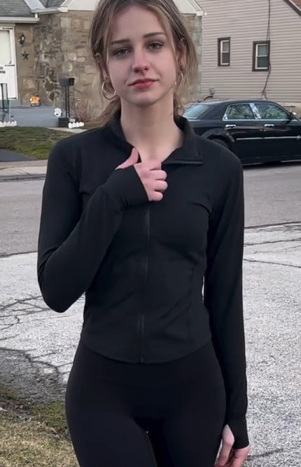 Black Gihuo Women's Athletic Workout Jacket, front view, worn outdoors by customer