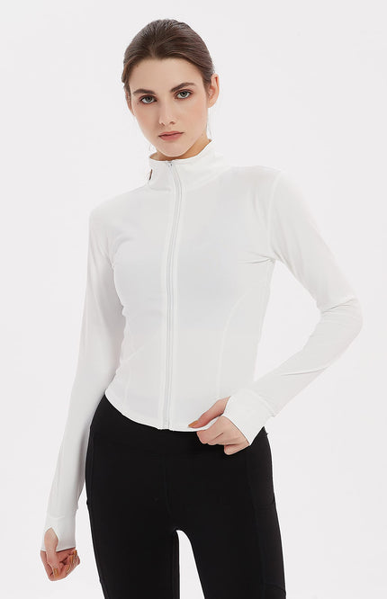 White Gihuo Women's Athletic Workout Jacket, front view on model