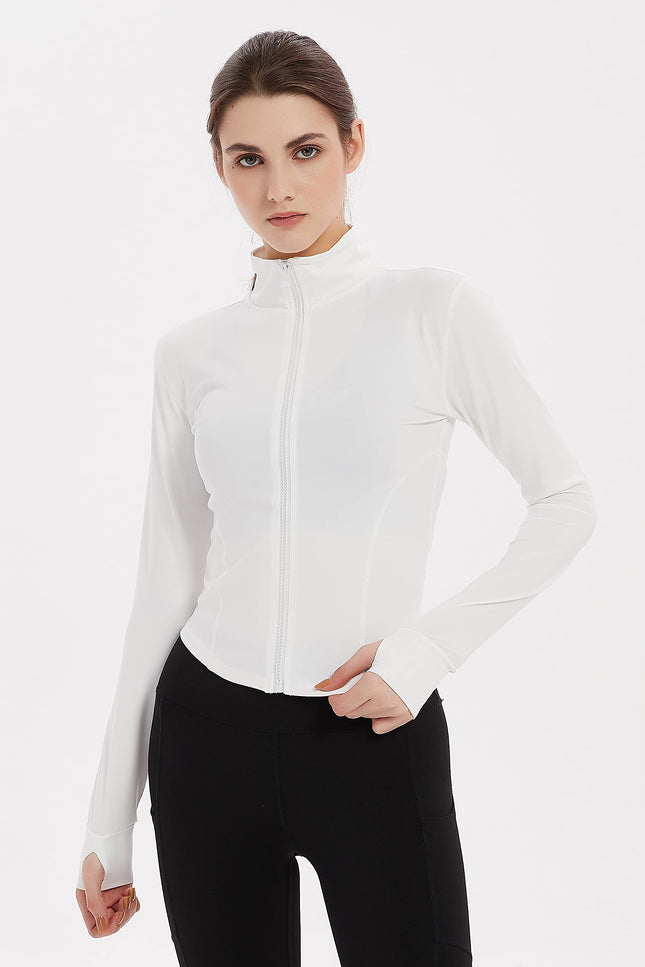 White Gihuo Women's Athletic Workout Jacket, front view on model
